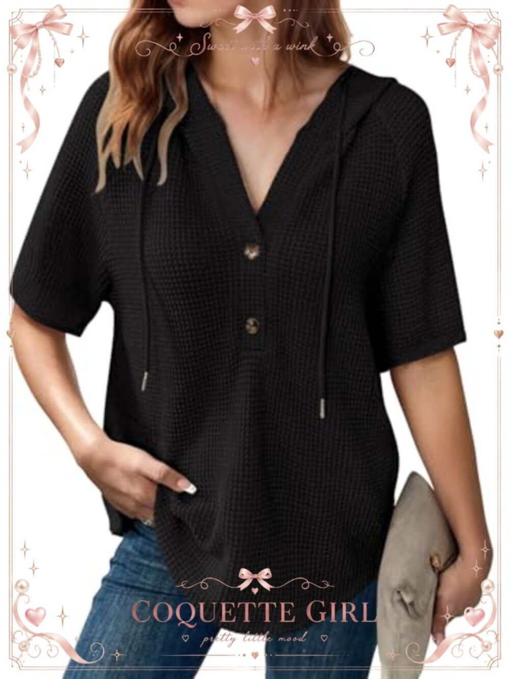 Waffle Knit Short Sleeve Hoodie Button V Neck Oversized Top